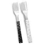 tenedor de cocina blanco y negro mango plastico decorado flores cubiertos martinazzo